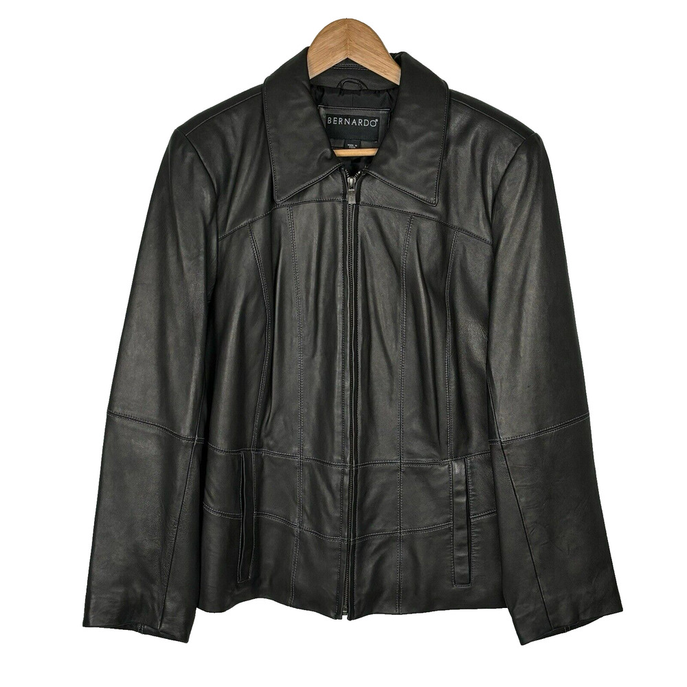 Bernardo Womens Leather Jacket Size 1X Black Smooth Grain Zip Up Pockets Classic